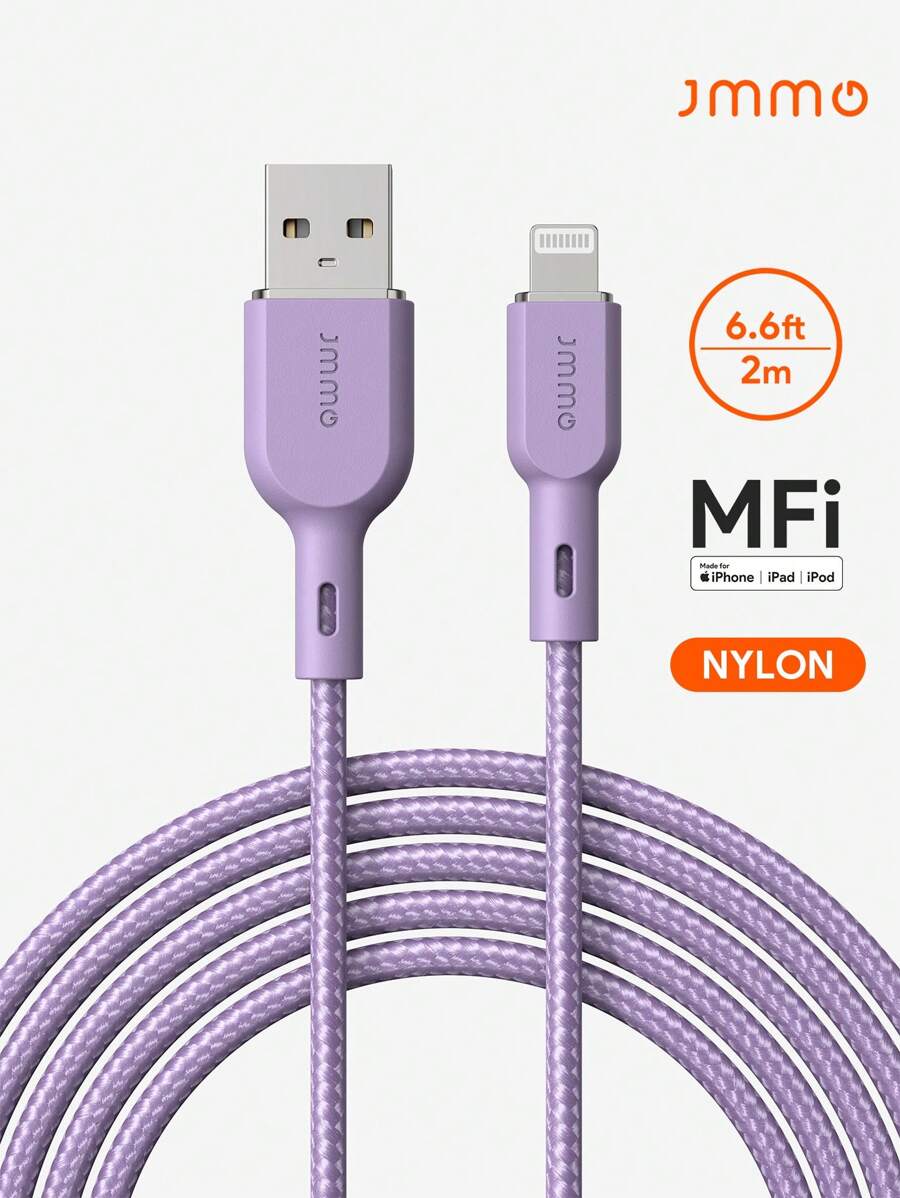 JMMO 1PC Nylon USB-A To Lightning Cable,Nylon Braided Cord Compatible With ,480Mbps Data Transfer 6.6FT/2M [ MFi Certified] - Purple - View 1