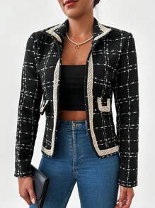 Hoa văn kẻ sọc Viền tương phản Chi tiết về Flap Áo khoác - màu đen - Xem 5