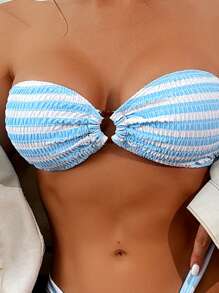 Bộ bikini băng đô có dây nối vòng sọc - Xanh và trắng - Xem 3