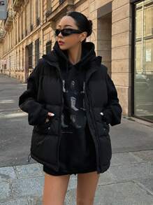 DAZY Solid Flap Pocket Padded Thick Pockets Vest, Women Winter Coat Jacket - Black - View 4