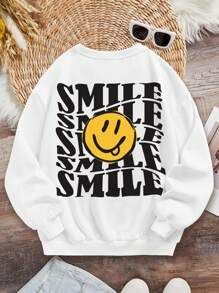 SHEIN Leap Crew Teen Girl Letter & Cartoon Face Print Drop Shoulder Sweatshirt - White - View 1