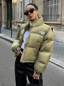 DAZY Letter Graphic Zip Up Padded Thick Pockets Coat, Women Winter Coat - Green - View 13