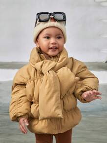 SHEIN Baby Girl Zip Up Padded Coat & Scarf,In Fall/Winter - Khaki - View 3