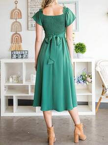 胸部褶皺打褶後綁帶洋裝 - 綠色 - 查看 2
