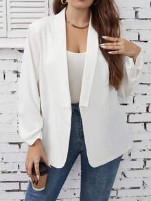 SHEIN LUNE 大碼素色抽褶袖西裝外套 - 白色 - 查看 4