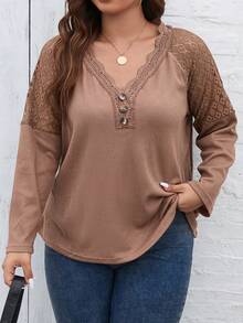 SHEIN LUNE Plus Contrast Lace Raglan Sleeve Tee - Brown - View 5