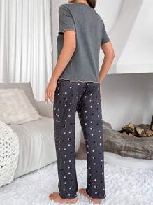 小熊印花T恤&愛心圖案長褲睡衣套裝 - 深灰色 - 查看 2