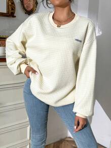 SHEIN EZwear Thư được vá Thả vai Áo nỉ - Màu be - Xem 5