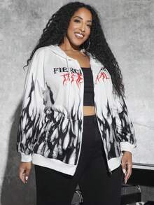 SHEIN CURVE+ 加大码字母火焰图案拉链抽绳卫衣 - 白色 - 查看 3