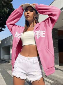 SHEIN EZwear 字母圖案拉鏈開襟落肩袖抽繩運動衫 - 粉色 - 查看 5