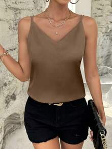 SHEIN Essnce Chất rắn Xa ten Cami ngọn - Cà phê nâu - Xem 4