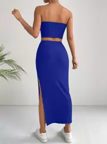 SHEIN Essnce 素色抹胸上衣&高衩半身裙