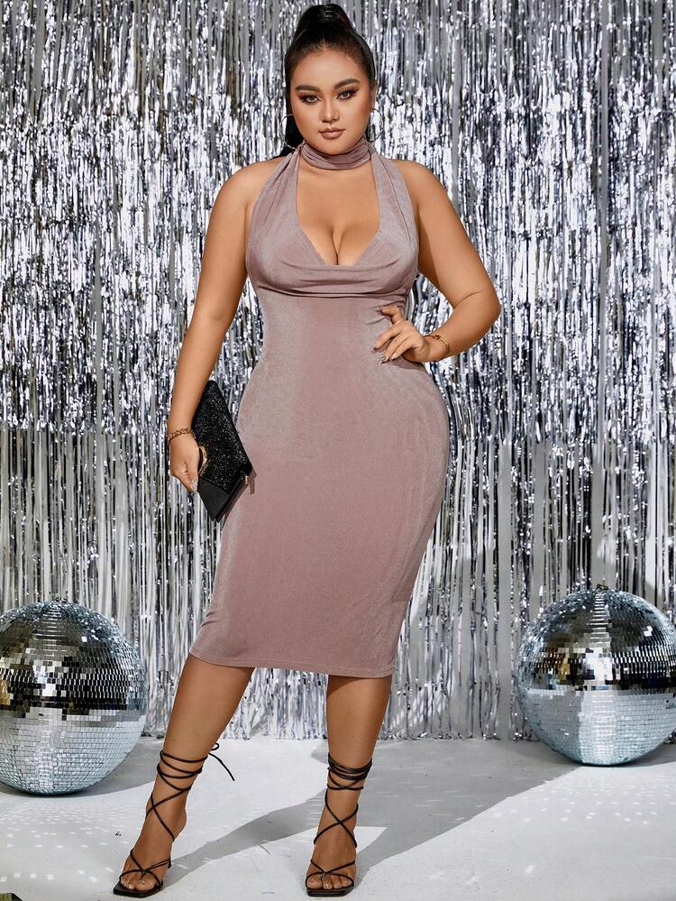 Plus Draped Front Tie Backless Halter Neck Bodycon Dress