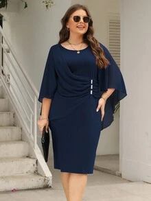 Nemidor Plus Solid Cloak Sleeve Ruched Side Dress - Royal Blue - View 6