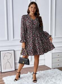 SHEIN Franclia Plus Ditsy Floral Print Flounce Sleeve Ruffle Hem Dress - Multicolor - View 3