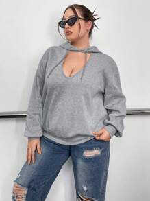 Flirla 加大码露肩抽绳卫衣 - 淺灰色 - 查看 6