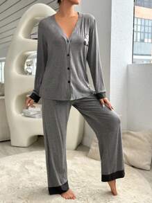 Panda Print Contrast Trim Button Front Top & Pants Lounge Set Outfit, Fall Winter Clothes - Grey - View 3