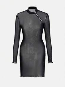 Sobokeboon 中國龍圖案木耳邊網紗洋裝 - 黑色 - 查看 4