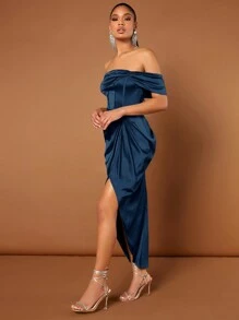 SHEIN BAE Vestido elegante de mujer con hombros descubiertos, unicolor y abertura en espiga - Azul Marino - Ver 3