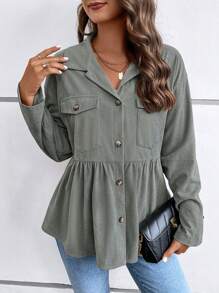 SHEIN LUNE Túi có nắp Thả vai Peplum Hem Áo khoác vải nhung - Xám - Xem 3