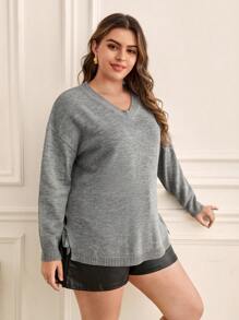 SHEIN Frenchy 大碼落肩袖下擺開叉套頭毛衣 - 深灰色 - 查看 5