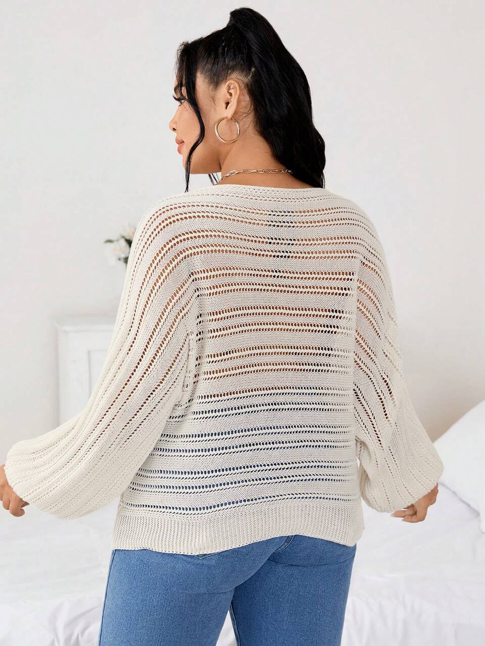 Plus Batwing Sleeve Pointelle Knit Sweater Knit Pullover Fall Winter Sweater