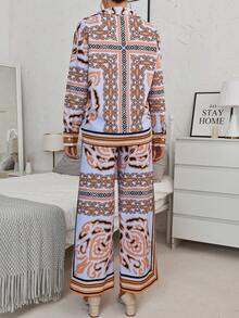 SHEIN Unity Scarf Print Shirt & Wide Leg Pants - Yellow - View 2