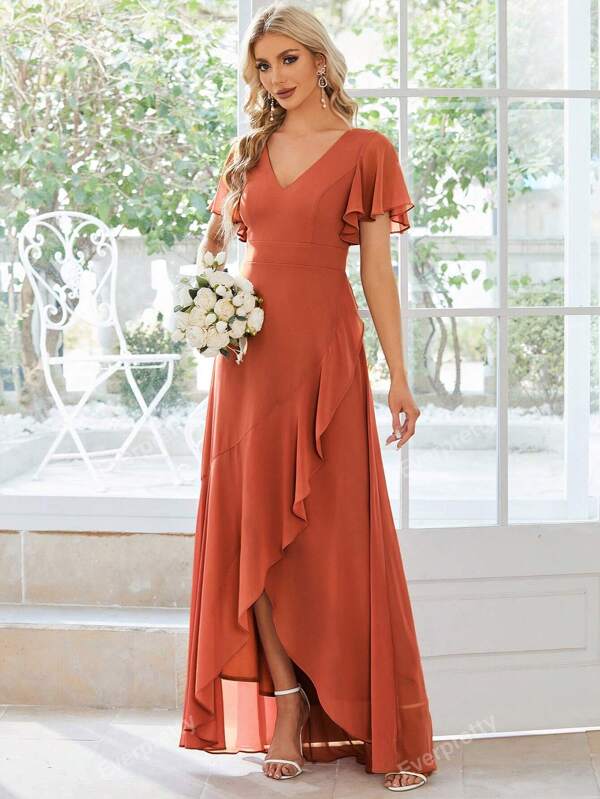 Butterfly Sleeve Ruffle Trim Wrap Hem Chiffon Formal Dress Elegant Bridesmaid Dress