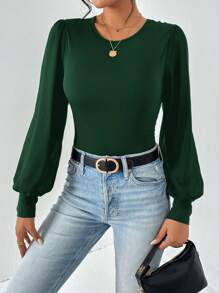 SHEIN Essnce Body unicolor de manga farol - Verde Oscuro - Ver 5