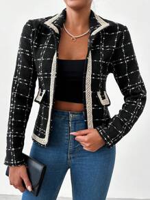 Hoa văn kẻ sọc Viền tương phản Chi tiết về Flap Áo khoác - màu đen - Xem 1