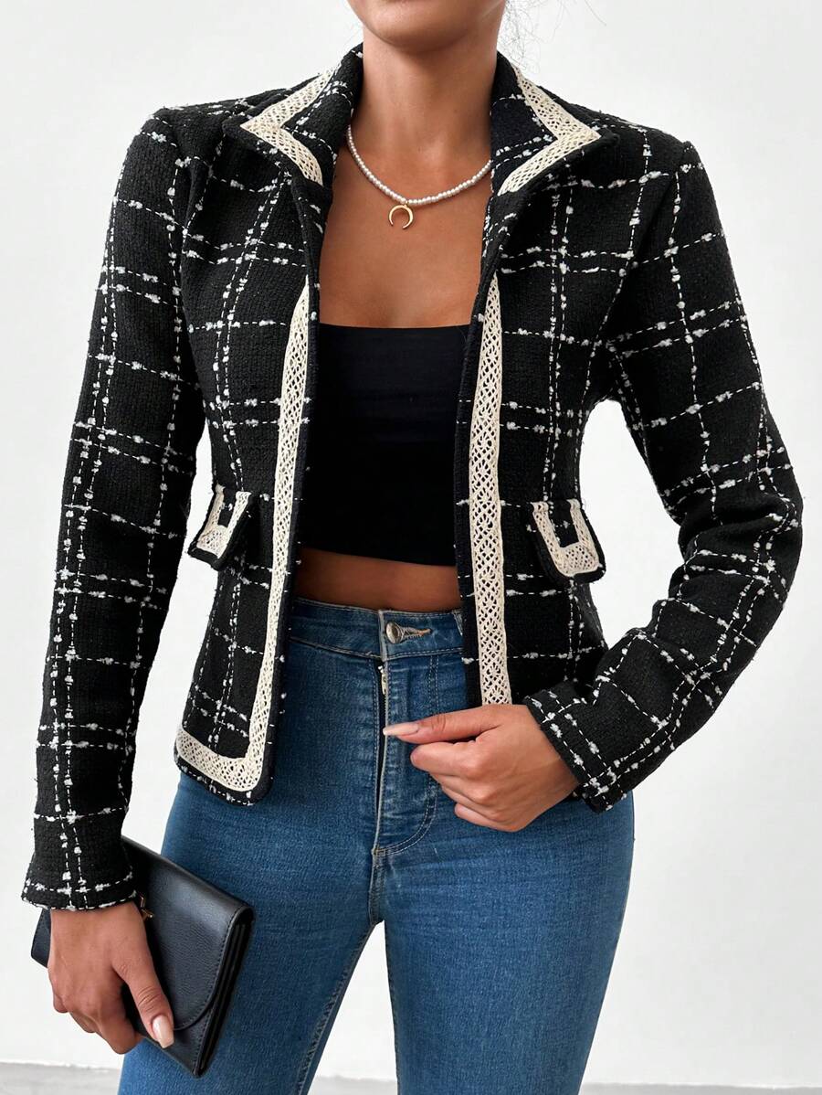 Hoa văn kẻ sọc Viền tương phản Chi tiết về Flap Áo khoác - màu đen - Xem 1