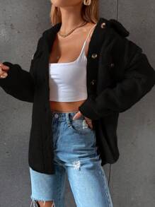 SHEIN Unity Flap Pocket Drop Shoulder Teddy Coat Fall Winter Cloth For Women - Black - View 3