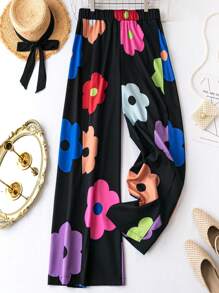 SHEIN Holidaya 大碼印花闊腿褲 - 黑色 - 查看 1