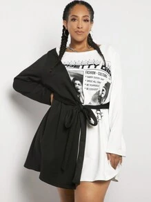 SHEIN CURVE+ Talla grande Vestido con cinturón de dos tonos - Blanco y Negro - Ver 4