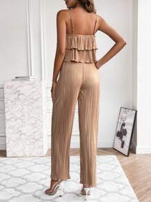 SHEIN 孕婦荷葉邊褶皺吊帶上衣&闊腿褲 - 杏色 - 查看 2