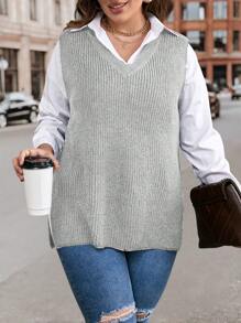 SHEIN LUNE 休閒開衩 羅紋針織純色大碼毛衣背心 - 淺灰色 - 查看 1