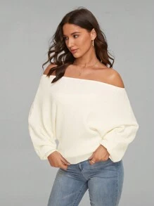 SHEIN Privé Off Shoulder tay cánh Đồ đan Ribbed Áo len - trắng - Xem 5