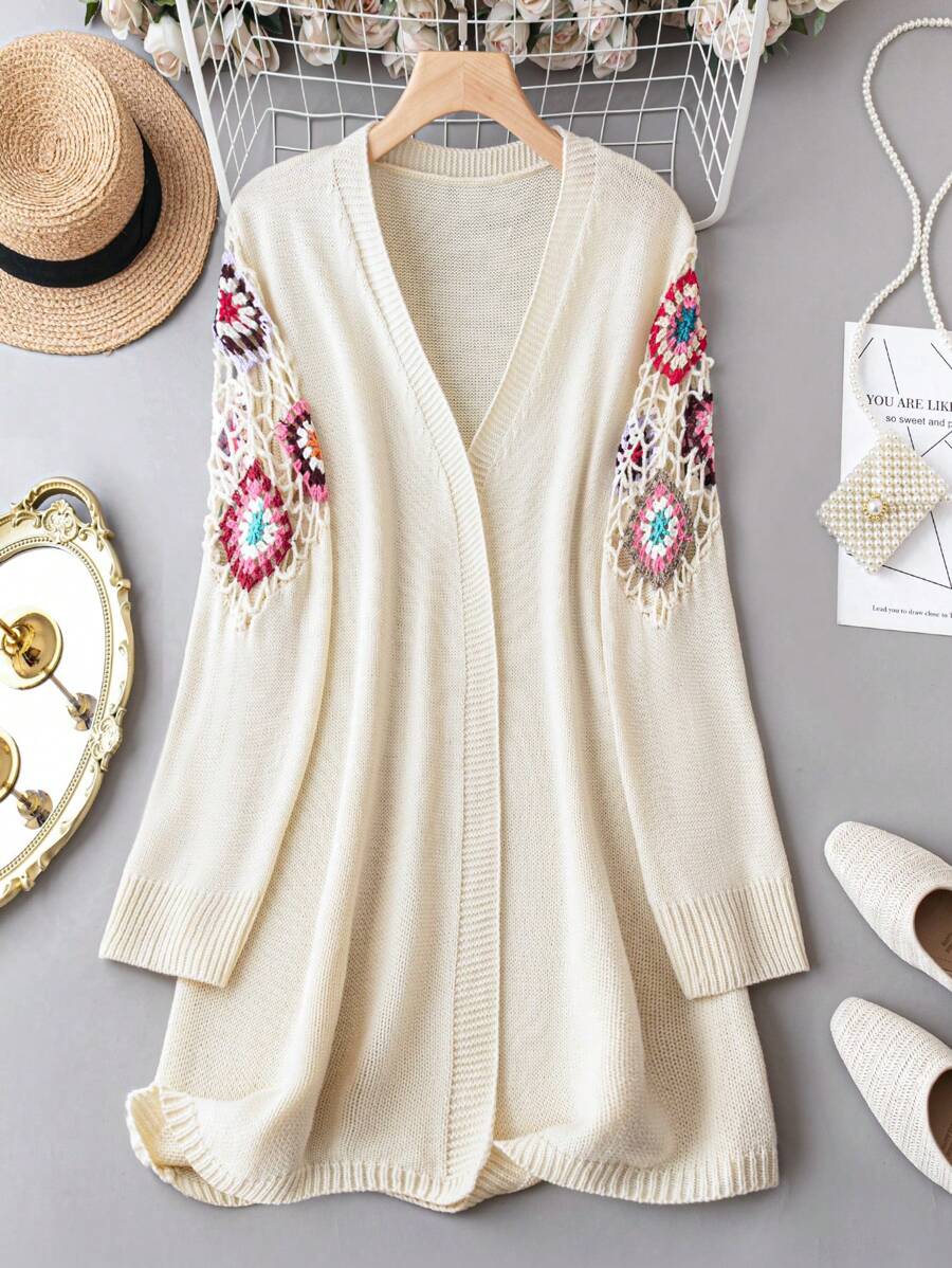 SHEIN LUNE Áo len cardigan móc cỡ lớn - Màu be - Xem 1