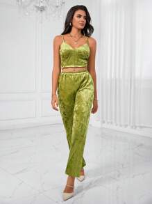 Aveloria Solid Velvet Cami Top & Wide Leg Pants - Olive Green - View 5