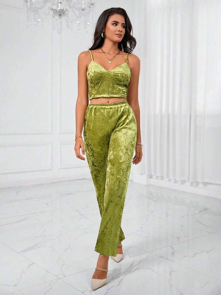 Solid Velvet Cami Top & Wide Leg Pants