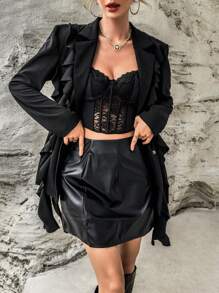 SHEIN Privé Solid Ruffle Trim Blazer - Black - View 1