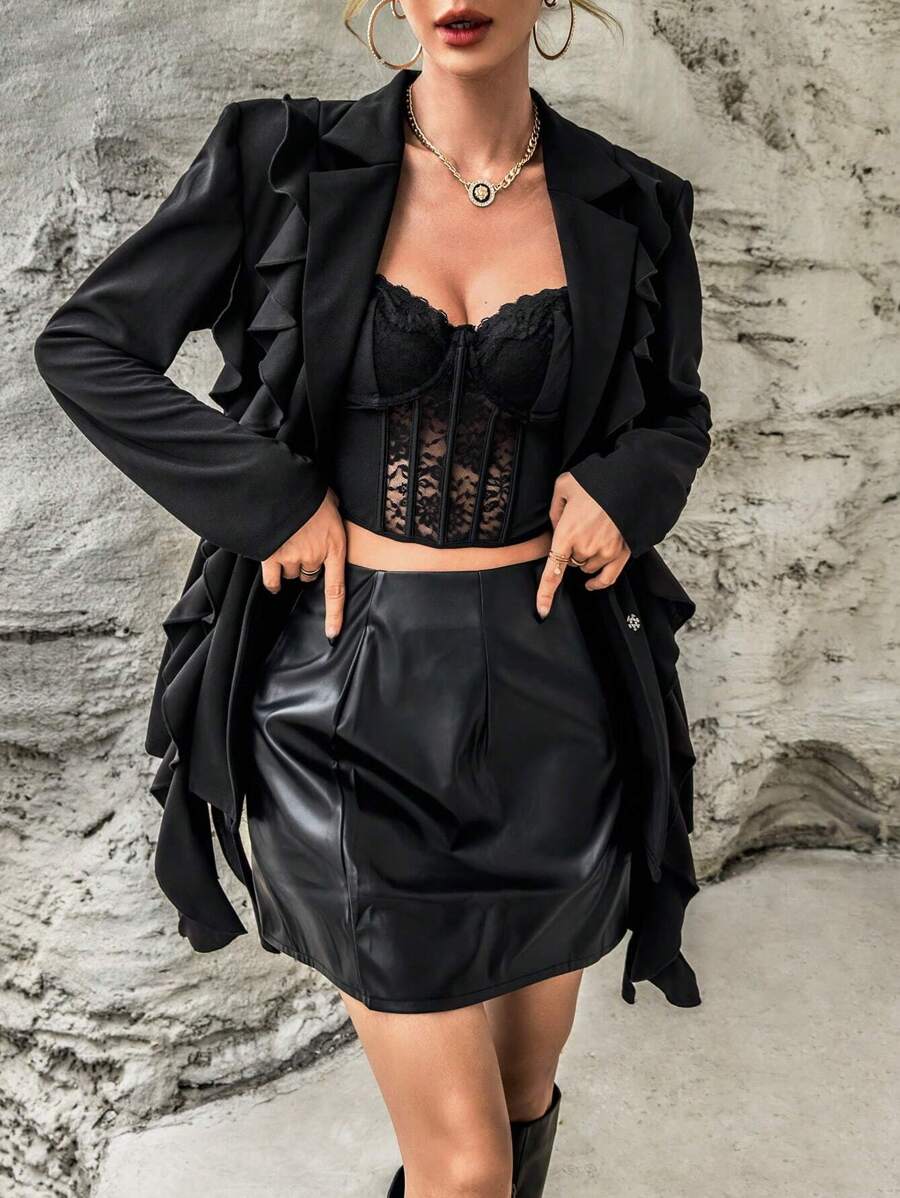 SHEIN Privé Solid Ruffle Trim Blazer - Black - View 1