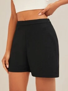 EURMUSE Solid High Waist Shorts - Black - View 4