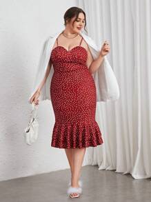 SHEIN Privé 大碼波點圖案魚尾裙下擺吊帶洋裝 - 紅色 - 查看 7