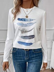 Calvaya Feather Print Round Neck Tee Graphic Tees Women Tops Fall Cloth For Women
