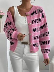 SHEIN LUNE 心&字母圖案落肩袖開襟衫 - 粉色 - 查看 4