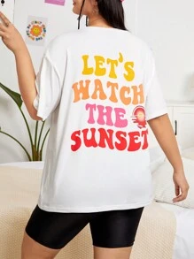 SHEIN Qutie Talla grande Camiseta de hombros caídos con estampado de slogan - Blanco - Ver 7