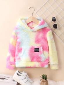 SHEIN 女小童紮染字母貼布袋鼠口袋毛絨帽衫