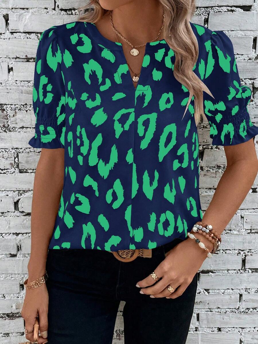 SHEIN LUNE 豹紋印花缺口領泡泡袖襯衫 - 彩色 - 查看 1