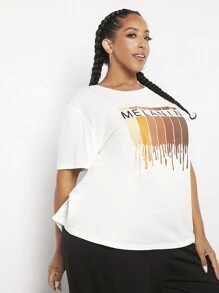 SHEIN CURVE+ Talla grande Camiseta de hombros caídos con estampado de letra - Blanco - Ver 5